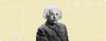 A black and white photo of Albert Einstein on a light yellow grid background, surrounded by playful shapes.