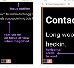 two screenshots of mobile Chrome showing a barely-visible focus outline at the edge, cut-off text, and how much horizontal scrolling is needed to read the Doggo Ipsum placeholder text