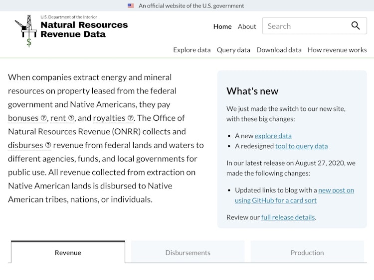 Screenshot of US Department of Interior Revenue Data