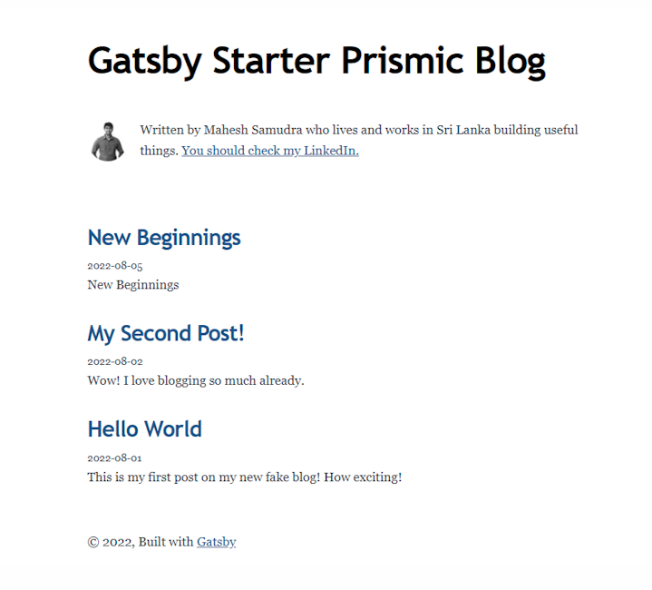 Screenshot of gatsby-starter-prismic-blog
