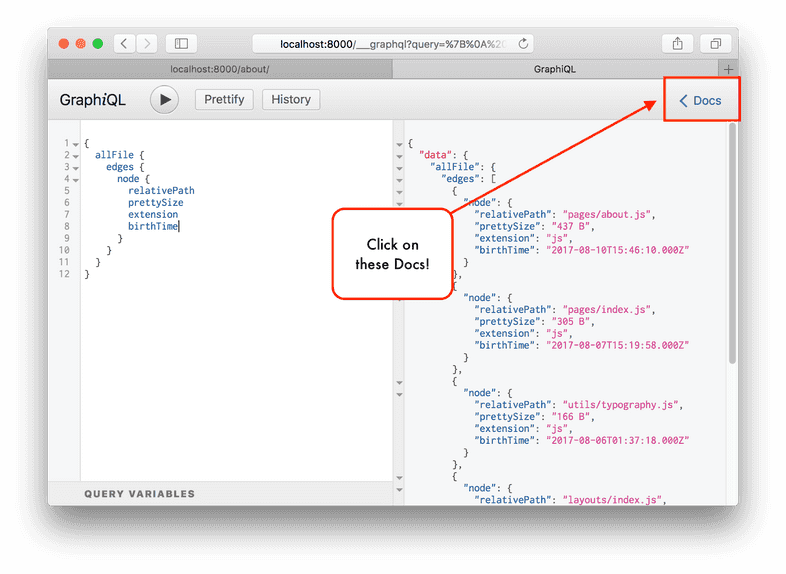 A diagram pointing out where to find the GraphiQL docs