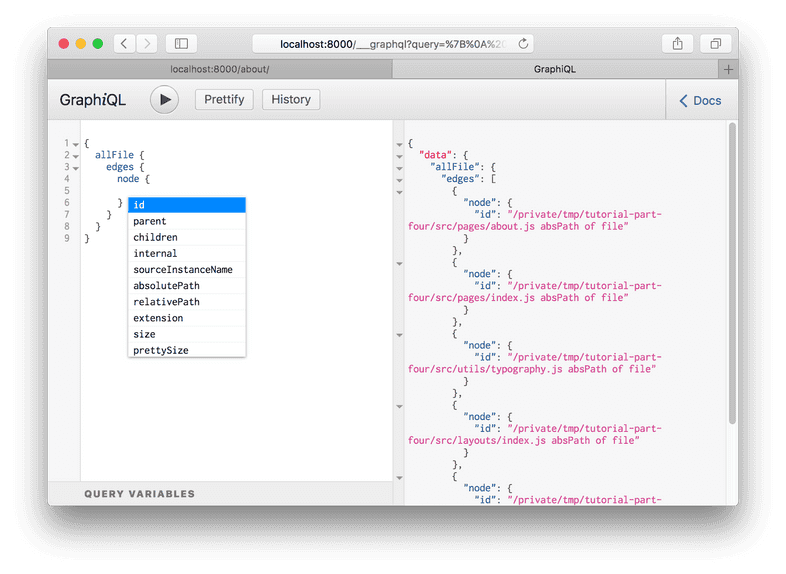 The GraphiQL IDE showing autocomplete options