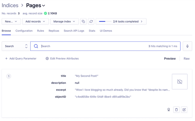 Algolia index displaying the indexed page