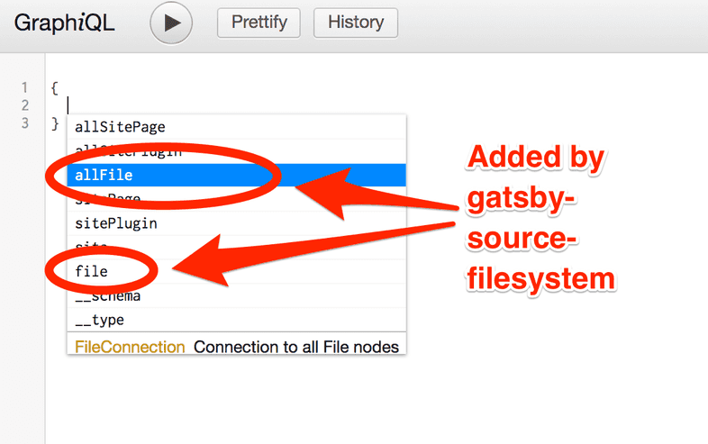 The GraphiQL IDE showing the new autocomplete options provided by the gatsby-source-filesystem plugin