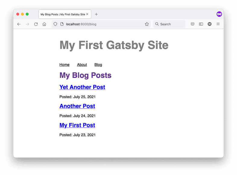 A screenshot of the Blog page in a web browser. It shows the title and date for each post, and each post title is a link to the page for that post.