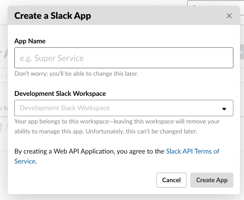 Modal to create a slack app