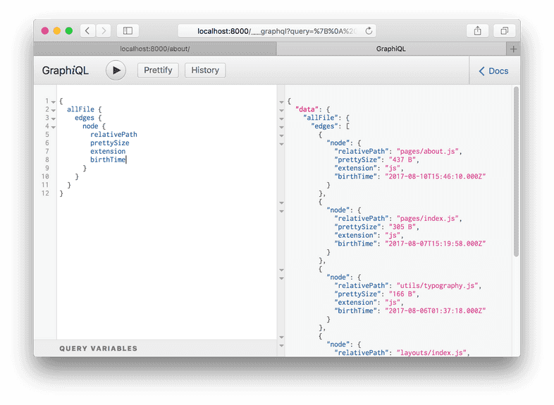 The GraphiQL IDE showing the results of the query