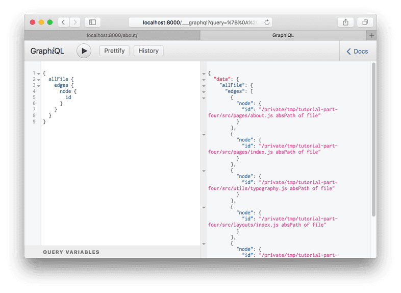 The GraphiQL IDE showing the results of a filesystem query