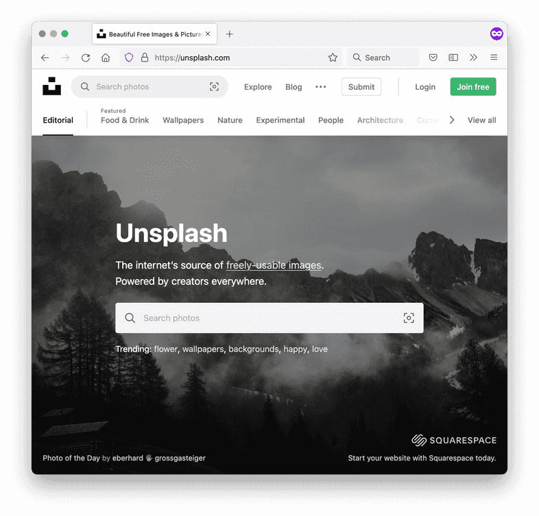 A screenshot of the Unsplash home page
