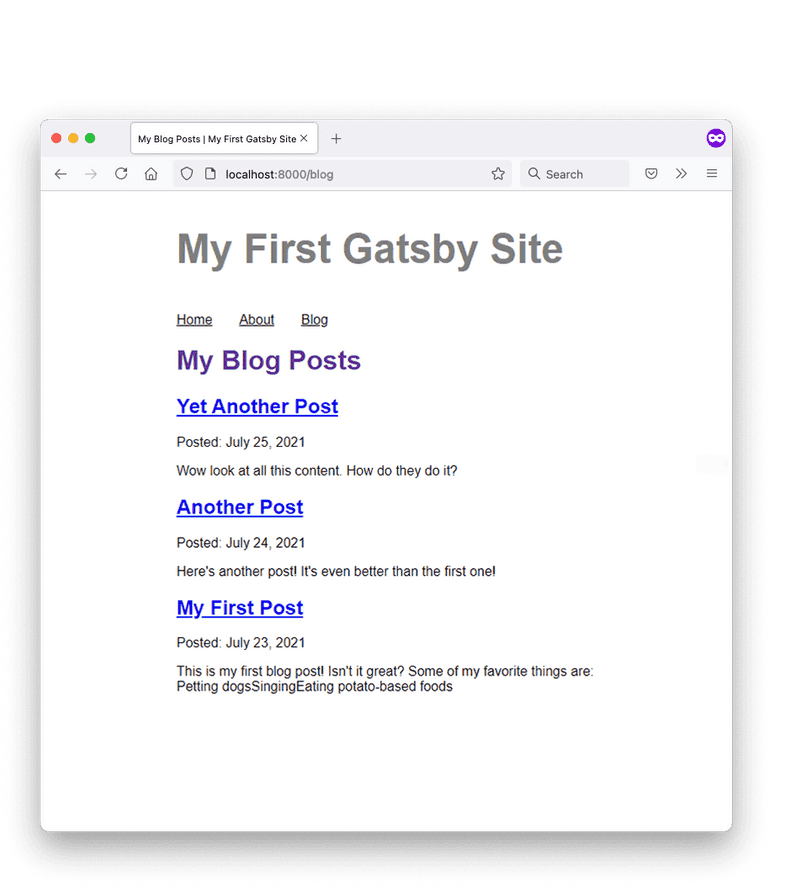 A screenshot of the Blog page in a web browser. Now, underneath the date for each post, the excerpt of the blog post are also being rendered.