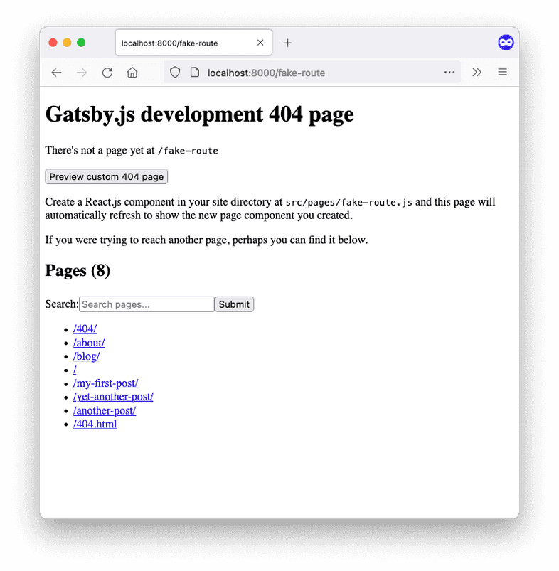 A screenshot of the development 404 page in a web browser. The URL is "localhost:8000/fake-route" and the 404 page shows an error message followed by a list of links to existing pages.